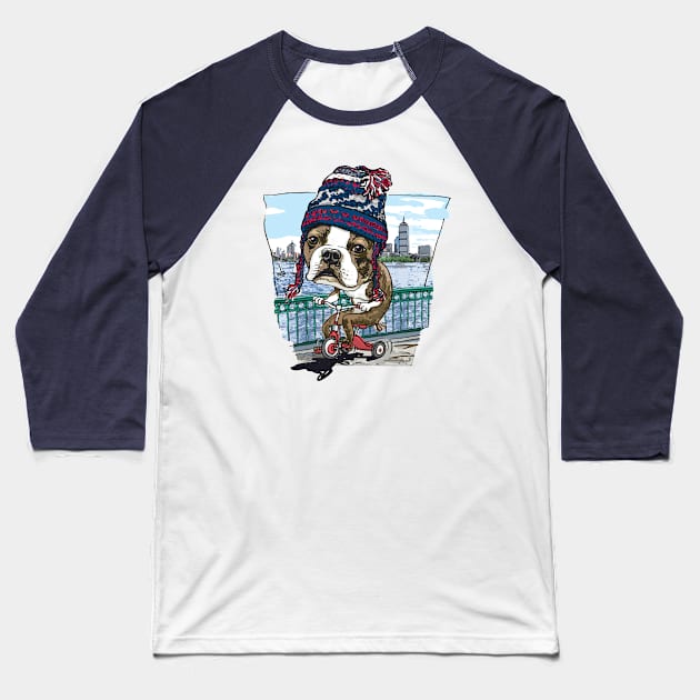 Boston Terrier Dog with Blue Silver and Red Winter Beanie Baseball T-Shirt by Mudge